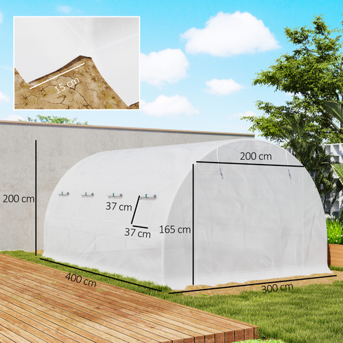 Outsunny 4 x 3 x 2m Polytunnel Greenhouse Replacement Cover ONLY Winter Garden Plant PE Cover for Tunnel Walk-in Greenhouse with Roll-up Windows Door Outdoor, White
