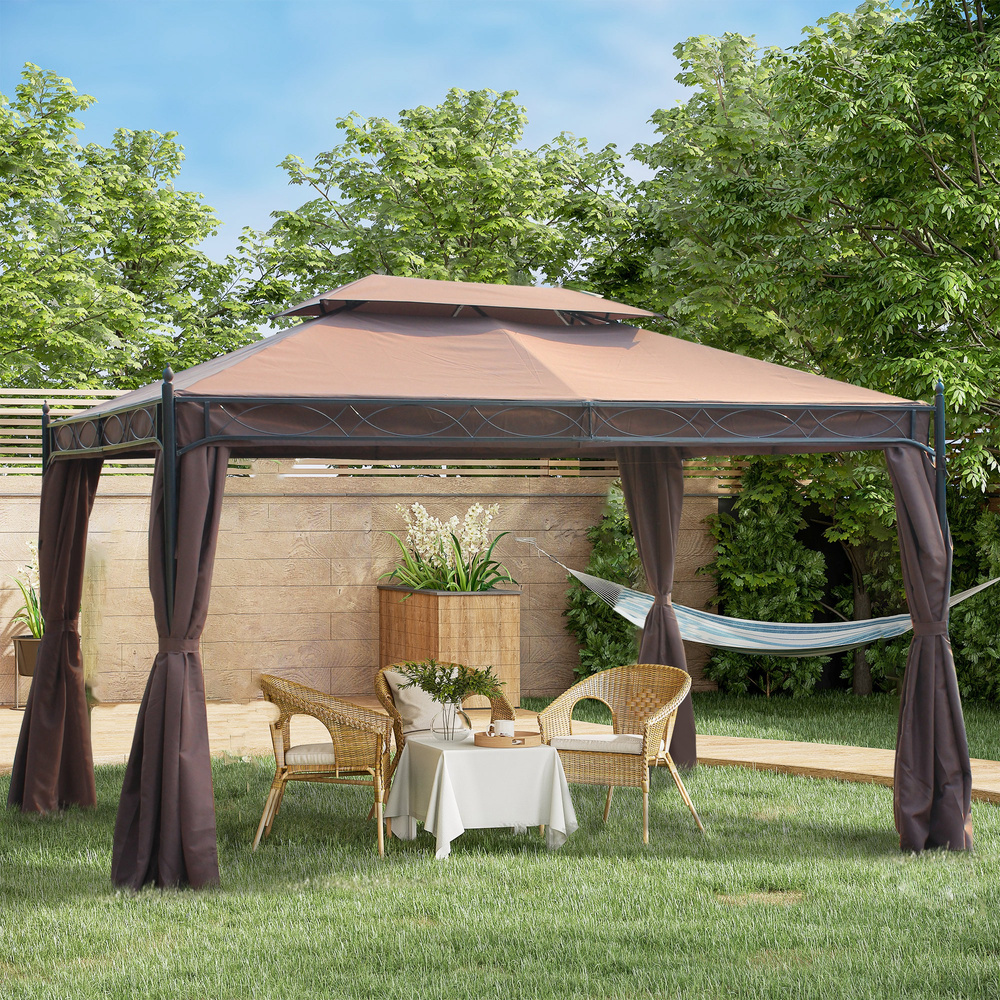 Outsunny 3 x 4m Garden Gazebo, Double Roof Marquee Canopy Shelter with Sidewalls, Solid Steel Frame for Garden, Lawn, Backyard and Deck