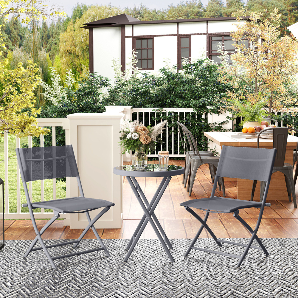 Outsunny 3 Pieces Outdoor Bistro Set, Glass Top Outdoor Table and 2 Folding Chairs with Protecting Feet, Grey