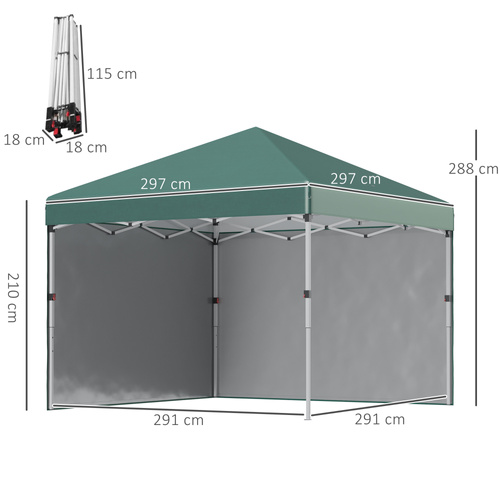 Outsunny 3 x 3 (M) Pop Up Gazebo, UPF 30+ with 2 Sidewalls, Leg Weight Bags and Wheeled Bag, Height Adjustable Party Tent Event Shelter for Garden, Patio, Green