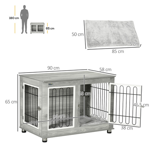 PawHut Dog Crate Furniture End Table, with Washable Cushion, Double Doors, for Medium/Large Dogs, Grey