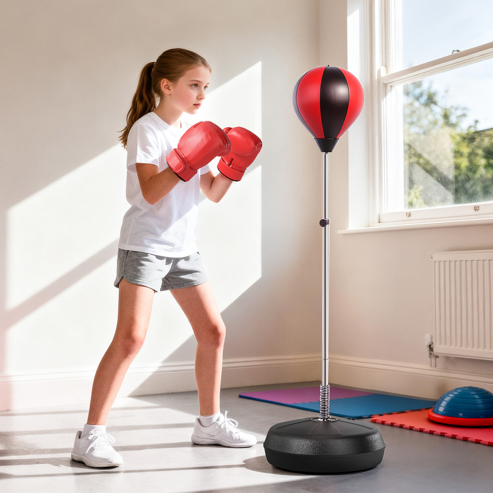 HOMCOM Punching Bag with Stand, 126-144 cm Height Adjustable Boxing Set Free Standing Speed Bag with Gloves and Air Pump for Teenagers Home Gym Workout