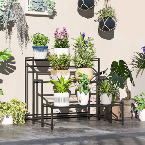 Outsunny Three-Tier Metal Plant Shelf - Black
