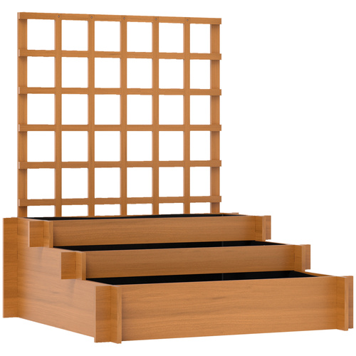 Outsunny 3 Tier Garden Planters with Trellis for Vine Climbing, Wooden Raised Beds, 95x95x110cm, Brown