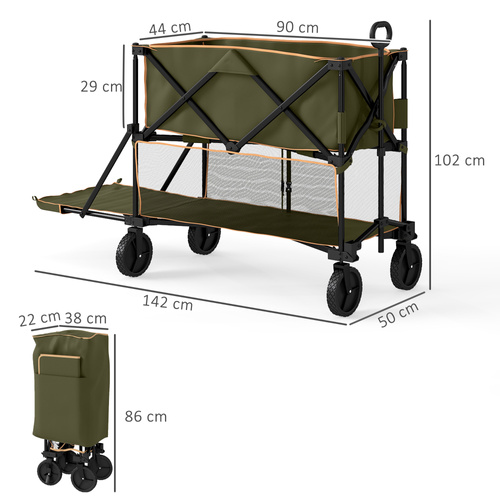 Outsunny Double Decker Folding Festival Trolley on Wheels, 200KG & 350L Capacity Collapsible Wagon Festival Trolley Cart with 134cm Extended for Camping Sports Shopping Garden and Beach, Grey