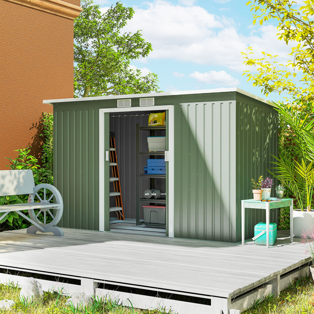 Outsunny 9ft x 4ft Metal Garden Shed, Outdoor Tool House with Foundation Kit, Ventilations and Double Doors, Light Green