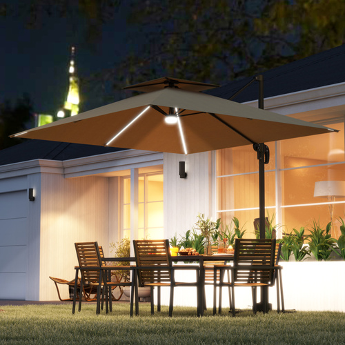 Outsunny 2.5m Cantilever Parasol with Solar Powered LED Lights, 360° Rotation, Tilt Adjustment, Crank Handle, Khaki