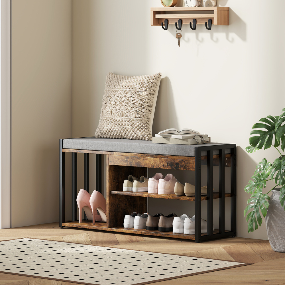 HOMCOM Shoe Storage with Seat, Upholstered Entryway Bench, Shoe Bench with 3 Open Shelves for Hallway, Rustic Brown