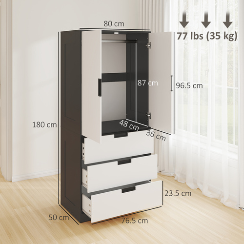 HOMCOM 2 Door Wardrobe, Modern Wardrobe with 3 Drawers and Hanging Rod for Bedroom, Black