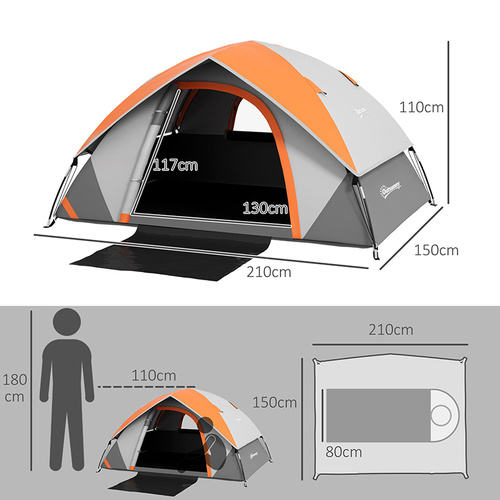 Outsunny Two Man Single Room Dome Tent, with Accessories - Orange/Grey