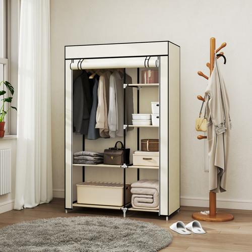 HOMCOM Fabric Wardrobe, Portable Wardrobe with 6 Shelves, 1 Hanging Rail, Foldable Closets, 103 x 43 x 162.5 cm, Cream White