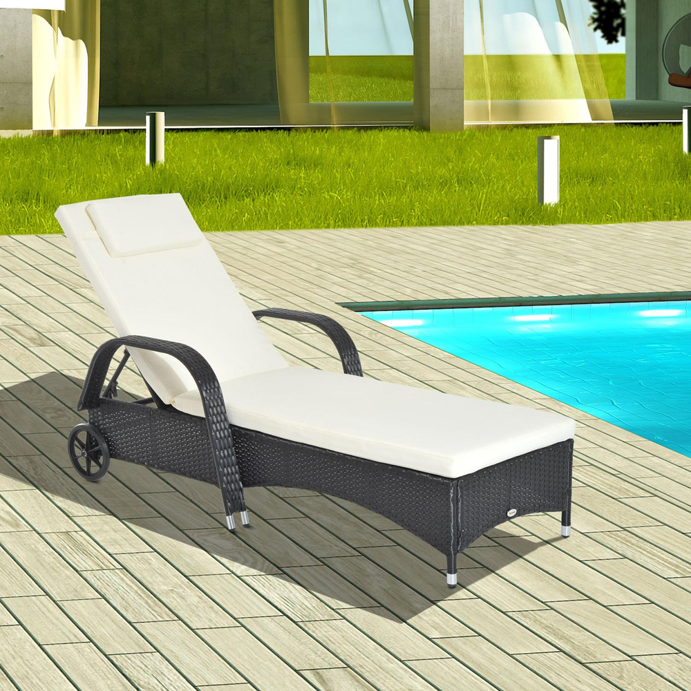 Outsunny Rattan Sun Lounger, Garden Lounger Recliner with Wheels and Adjustable Backrest, Outdoor Reclining Sunbed Garden Chair with Cushion and Headrest for Patio, Beach, Terrace, Black