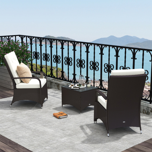 Outsunny 3 Pieces Rattan Bistro Set with Furniture Cover, Wicker Garden Furniture Set, Glass Top Coffee Table and Chairs with Cushions for Outdoor, Patio, Balcony, Cream White