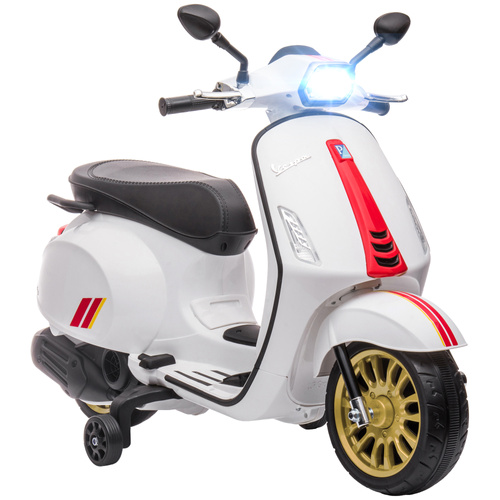 AIYAPLAY 12V Vespa Licensed Kids Electric Motorbike w/ Music, Lights, FM Radio, for 3-6 Years - White