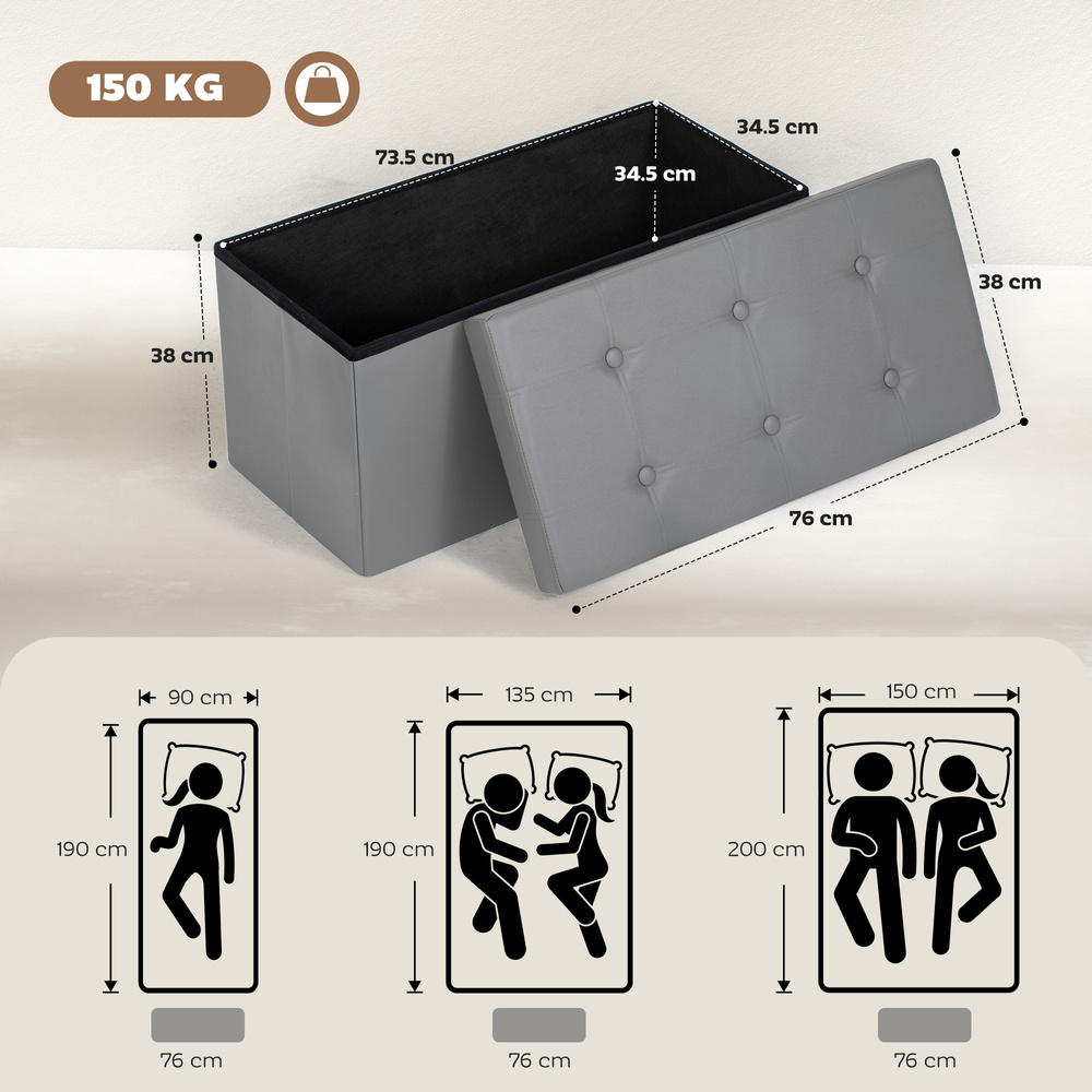 HOMCOM Storage Ottoman Bench, 89L PU Leather Folding Foot Rest Stool, End of Bed Bench, Easy Assembly, for Living Room, Bedroom, Entryway, Grey