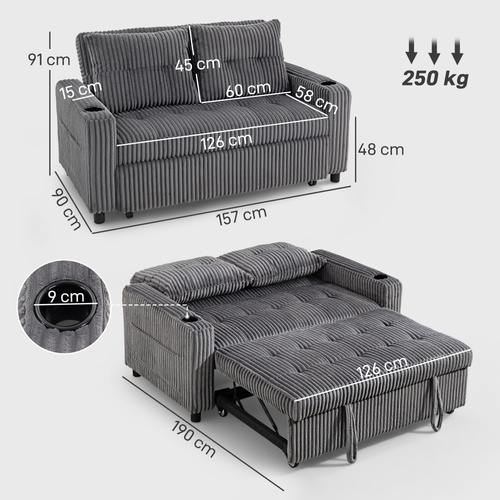 HOMCOM 2 Seater Click Clack Sofa Bed with Pull Out Design, Corduroy Upholstery - Charcoal Grey