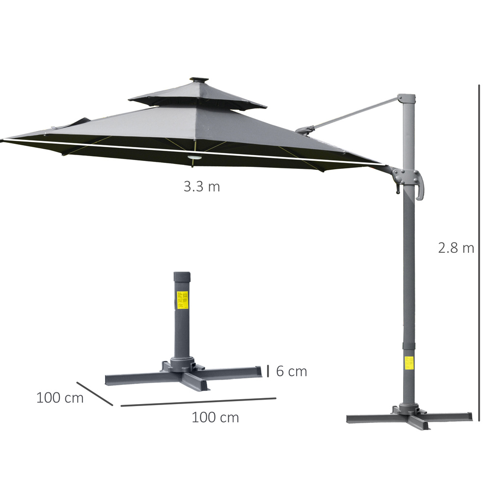 Outsunny 3m Cantilever Parasol w/ Solar Lights Power Bank Base 360° Spin Dark Grey