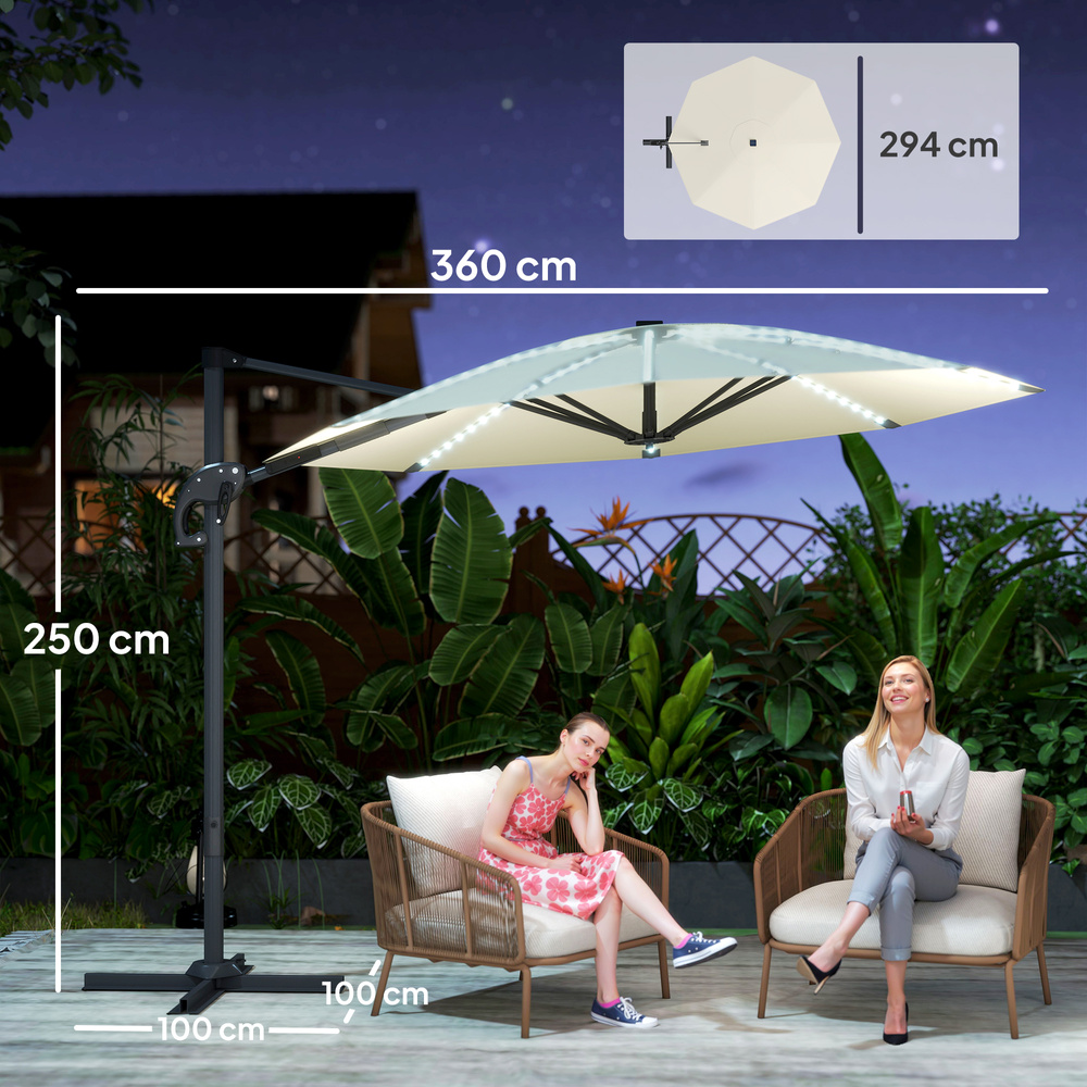 Outsunny 3(m) Cantilever Garden Parasol with Solar Powered Lights, Crank Handle & Cross Base, UPF 50+, 360° Rotation, Cream