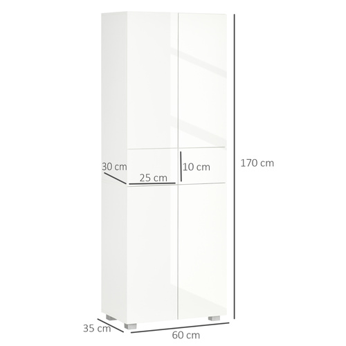 HOMCOM 4-Door Kitchen Cupboard, Tall Freestanding 5-Tier Storage Cabinet with 3 Adjustable Shelves, 2 Drawers for Living Room, Dining Room, Push to Open Design, High Gloss White