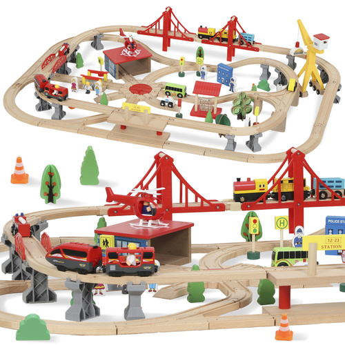 AIYAPLAY 133-Piece Wooden Train Set, Toy Train with Crane, Storage Box, for Kids Ages 3+