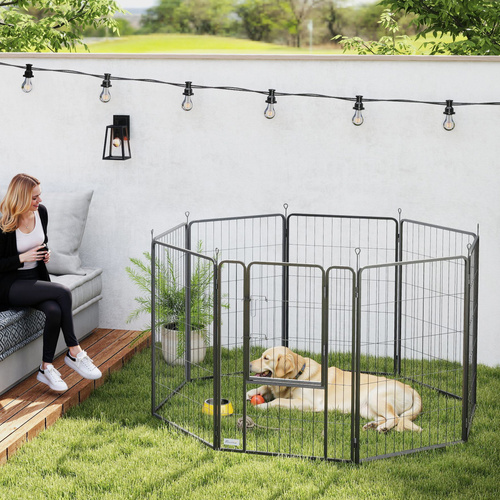 PawHut Eight-Panel Dog Playpen with Door, for Large Dogs, Indoors, Outdoors, 100cm Tall, Black
