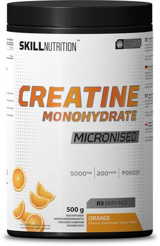 Skill Nutrition Mikronizowany Monohydrat Kreatyny o Smaku Pomarańczowym w Proszku na Wzrost Masy Mięśniowej i Wydajność 500g