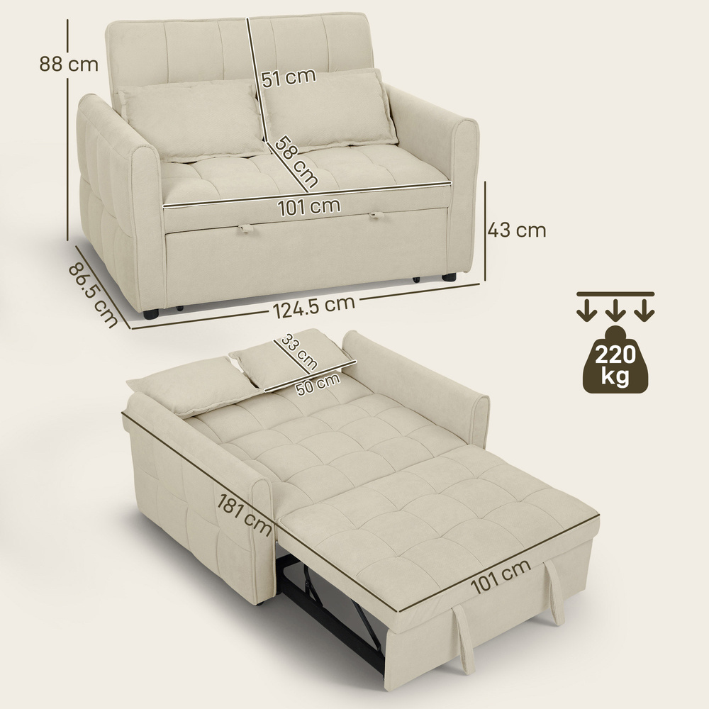 HOMCOM 2 Seater Sofa Bed, 3-in-1 Convertible Sleeper Sofa with Click-clack Adjustable Backrest and 2 Pillows, Light Brown