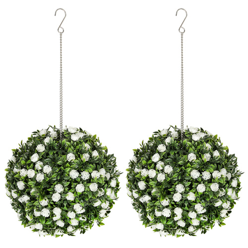 HOMCOM Set of 2 Decorative Artificial Plants, UV-protected Artificial Plant Topiary Rose Balls, Fake Plants for Home Indoor outdoor Decor, 28cm, White