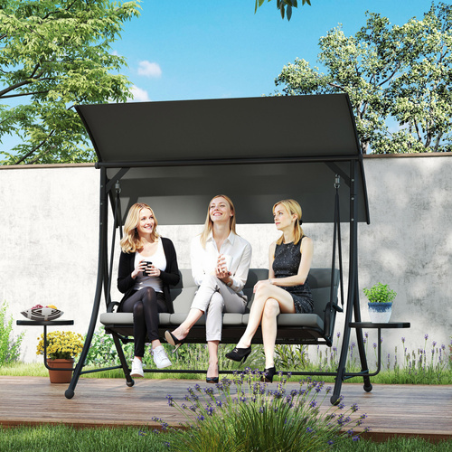 Outsunny Three-Seater Garden Swing, with Adjustable Canopy - Black/Grey