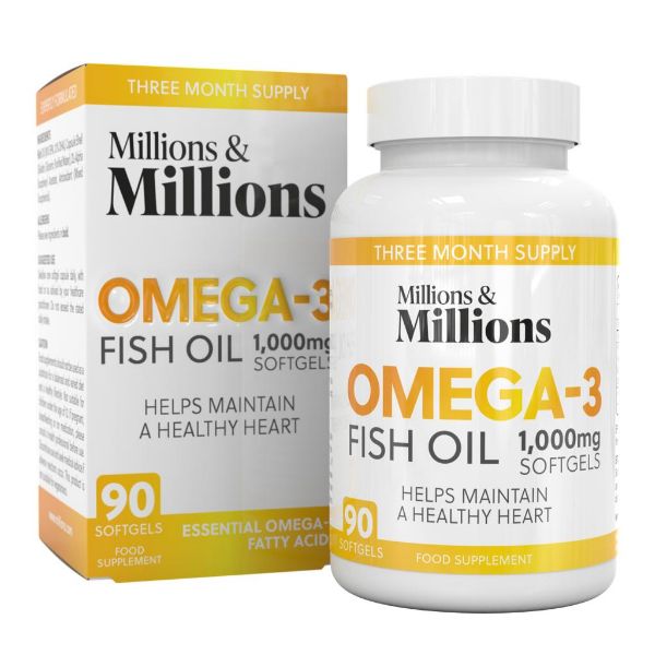 Millions & Millions Omega-3 Olej Rybny Kwasy Tłuszczowe 1000mg dla Zdrowego Serca 90 Kapsułek