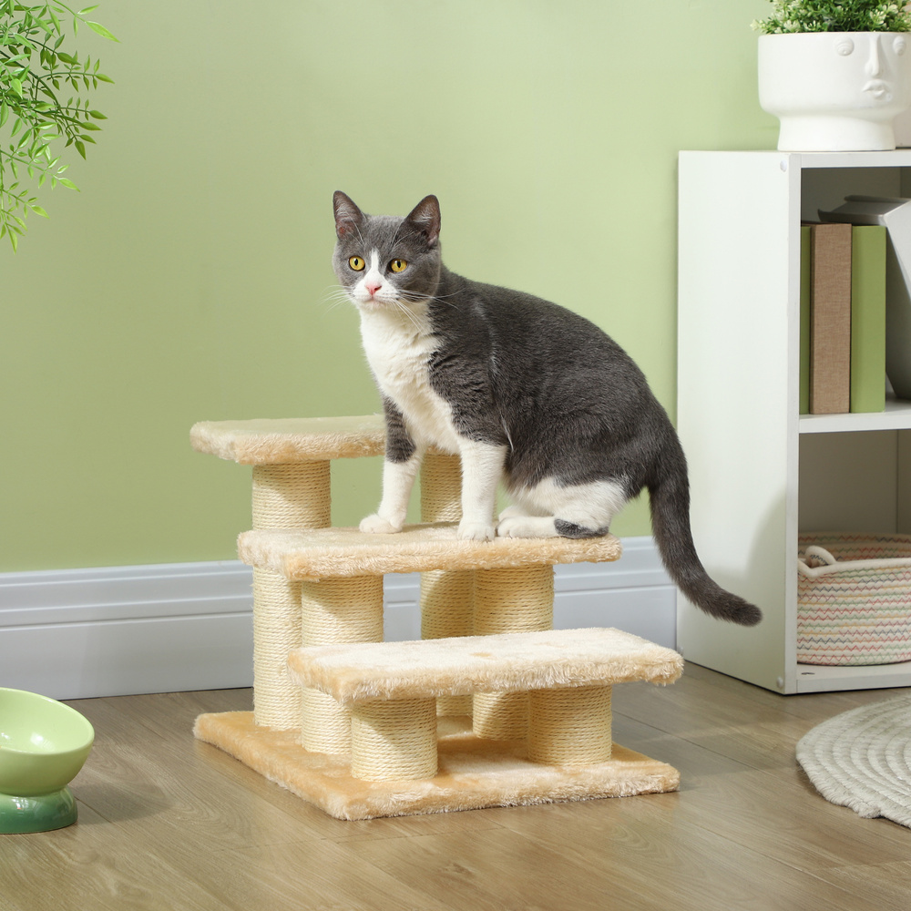 PawHut Pet Stairs 3-step Pet Ladder Cat dog Stairs Climb Ladder Cat Tree, Beige