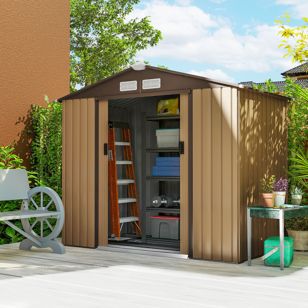 Outsunny 7 x 4ft Lockable Metal Garden Tool Storage Shed, Outdoor Storage Shed with Foundation and vents, Light Brown