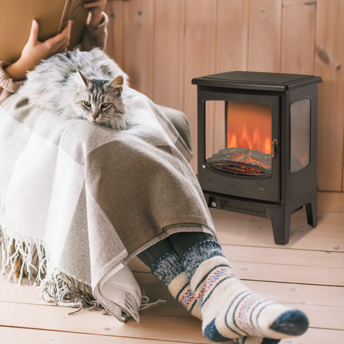 HOMCOM 900W/1800W Freestanding Electric Fireplace Room Heater w/ Adjustable Artificial Flame 3-Sided Tempered Glass Panels Safe Home Warmth Retro Faux Fire