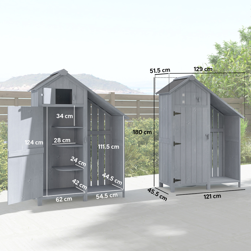 Outsunny Garden Outdoor Storage Shed 3 Shelves Tilt Roof w/ Firewood Rack Log Carrier, 129L x 51.5W x 180H cm