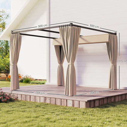 Outsunny 3 x 3m Retractable Roof Pergola, with Curtains - Khaki