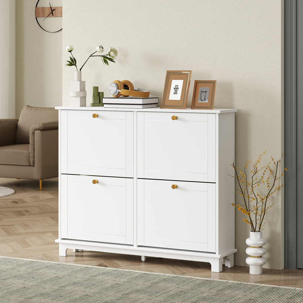 HOMCOM Narrow Shoe Storage Cabinet, Slim Shoe Cabinet with 4 Flip Drawers, Adjustable Shelves for 16 Pairs of Shoes, White