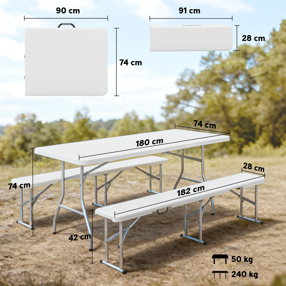 Outsunny Three-Piece Folding Picnic Table and Bench Set - White