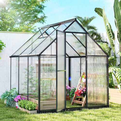 Outsunny Polycarbonate Greenhouse with Swing Door and Adjustable Window, Walk-in Greenhouse with Rain Gutter, 6 x 6.5ft, Black