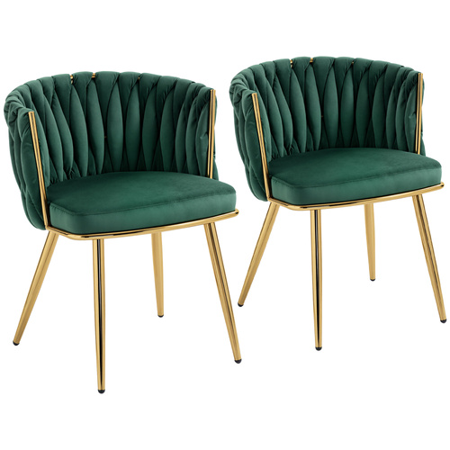 HOMCOM Velvet-Feel Dining Chairs Set of 2, Modern Upholstered Kitchen Chairs with Woven Backrest and Armrests, Metal Legs and Padded Seat for Dining Room, Bedroom, Living Room, Dark Green