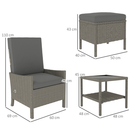 Outsunny 5 Piece Rattan Garden Furniture Set, Wicker Patio Sofa Set with 2 Armchairs, 2 Footstools, Glass Top Coffee Table with Shelf, Outdoor Furniture with Adjustable Backrests, Cushions, Dark Grey