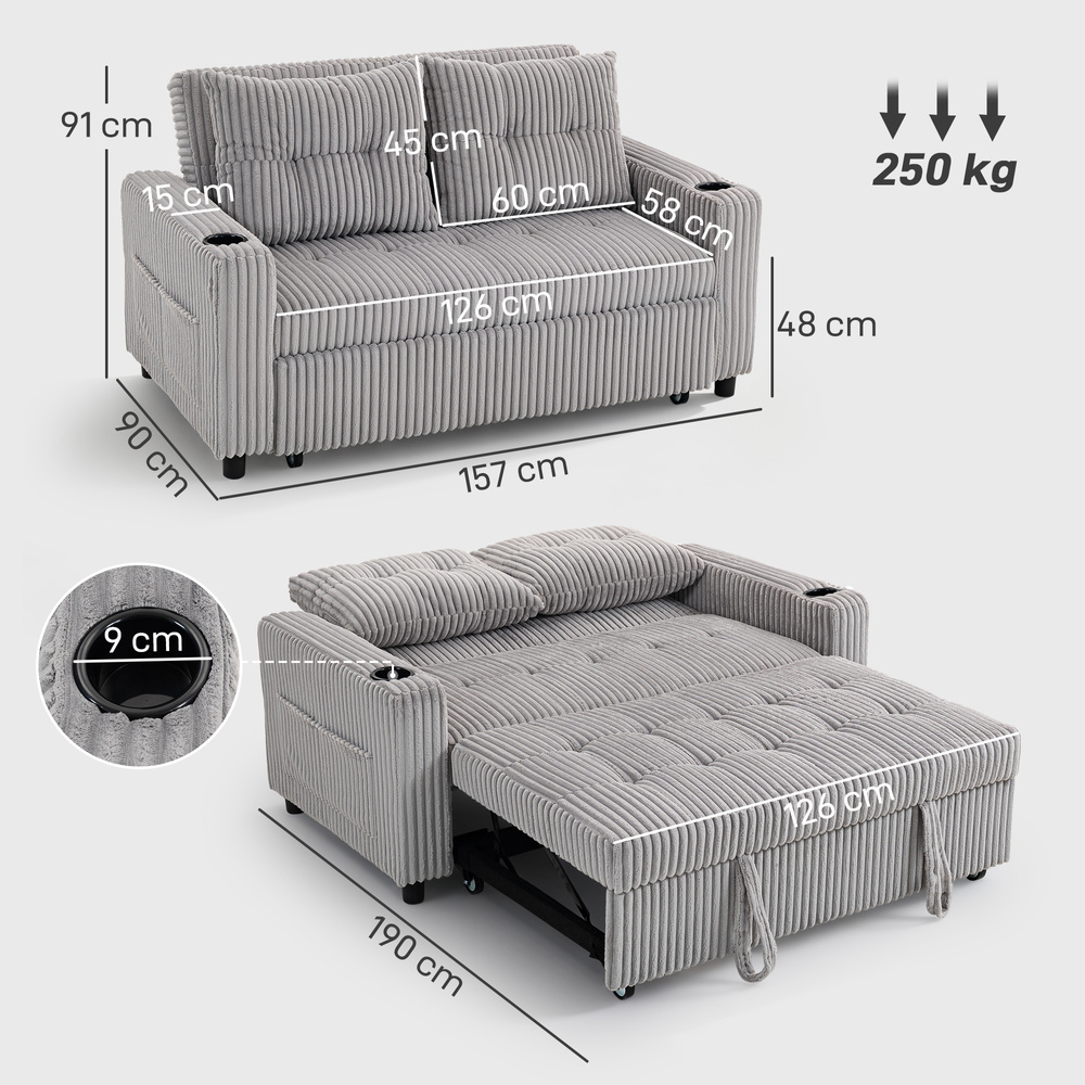 HOMCOM 2 Seater Click Clack Sofa Bed with Pull Out Design, Corduroy Upholstery - Light Grey