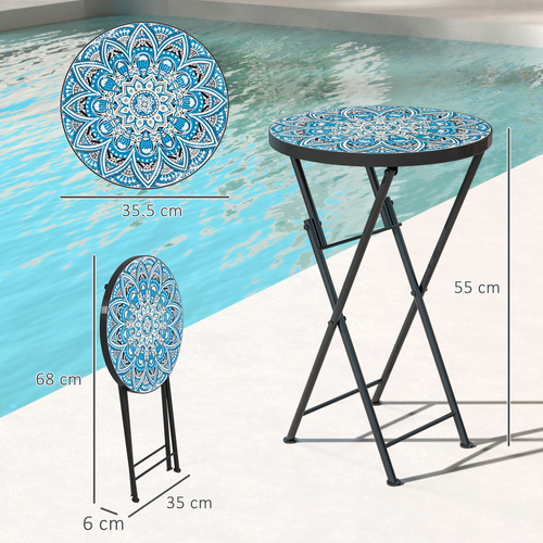 Outsunny Mosaic Outdoor Garden Table, 35.5cm Round Folding Coffee Table with Metal Frame for Balcony Terrace, Blue