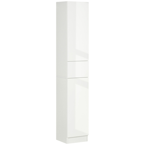kleankin Luxury Tall Bathroom Cabinet with High Gloss Panel, Sleek White Bathroom Cabinet with Push-to-Open Door, White