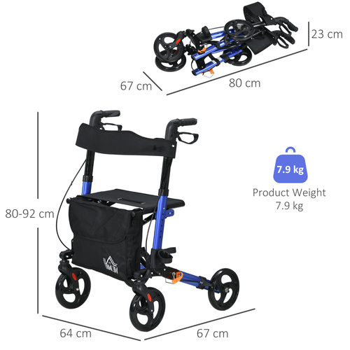 HOMCOM Portable Rollator Walker with 6 Adjustable Height and Dual Brakes for travel and Dailt Use, Blue
