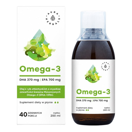 AURA HERBALS Omega-3 Płynny Olej Rybny EPA 1400mg + DHA 740mg 200ml