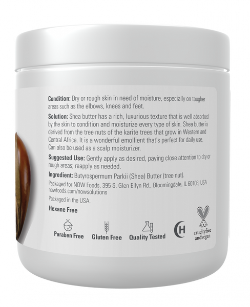 Now Foods Solutions Nawilżające Masło Shea 100% Natural dla Skóry Suchej Szorstkiej 207ml