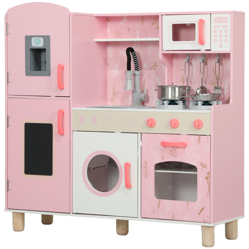 AIYAPLAY Play Kitchen, Kids Kitchen Set with Lights and Sounds, Double Stoves, Ice Maker, Chalkboard for 3+ Years, Pink