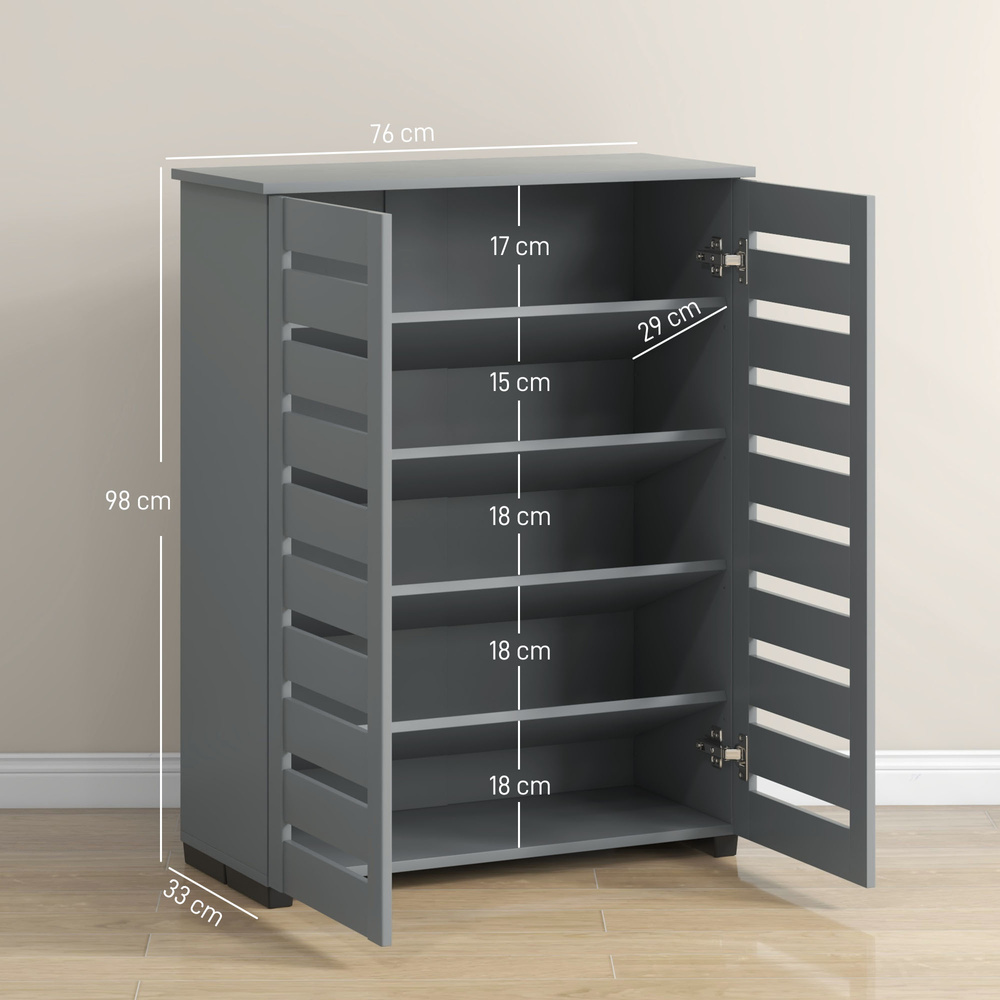 HOMCOM Narrow Shoe Cabinet for Entryway, 5-Tier Slim Shoe Storage Cabinet with 2 Slatted Doors and Adjustable Shelves Grey