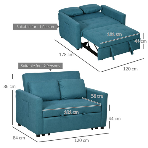 HOMCOM Loveseat Sofa Bed, Convertible Bed Settee with 2 Pillows, Side Pockets, Blue