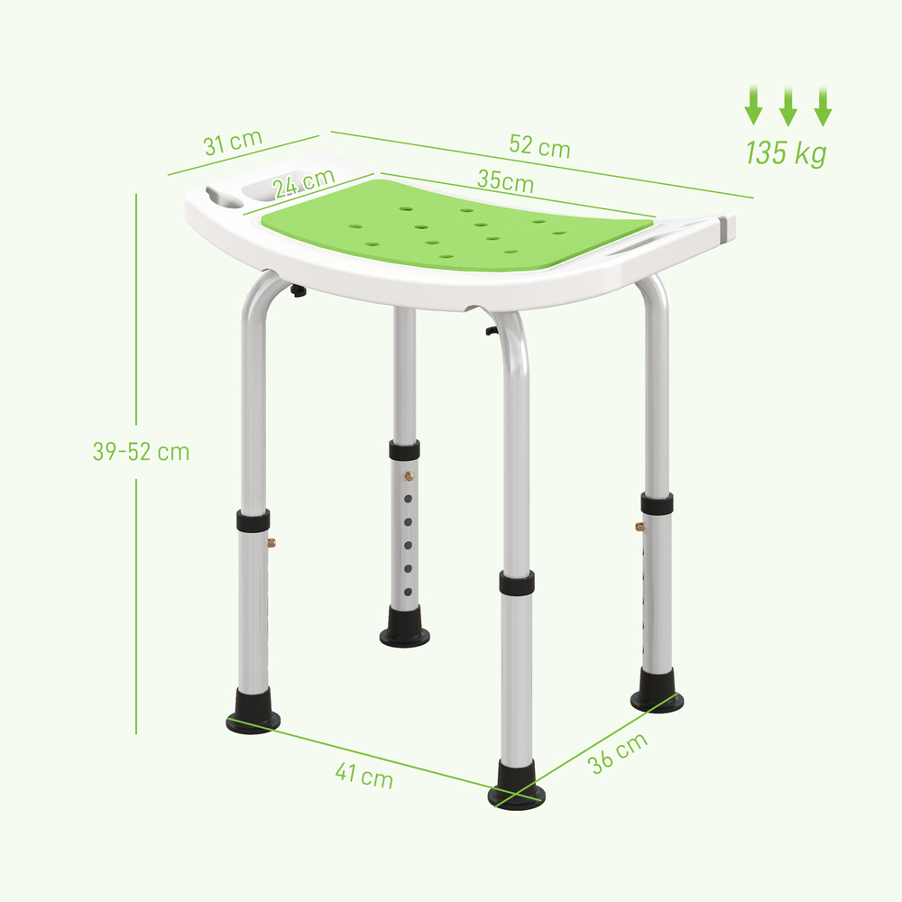 HOMCOM Shower Chair, Adjustable Height Shower Stool with Aluminium Frame and Non-Slip Feet, Bathtub Stool Seat for Elderly Disabled Handicap, Green